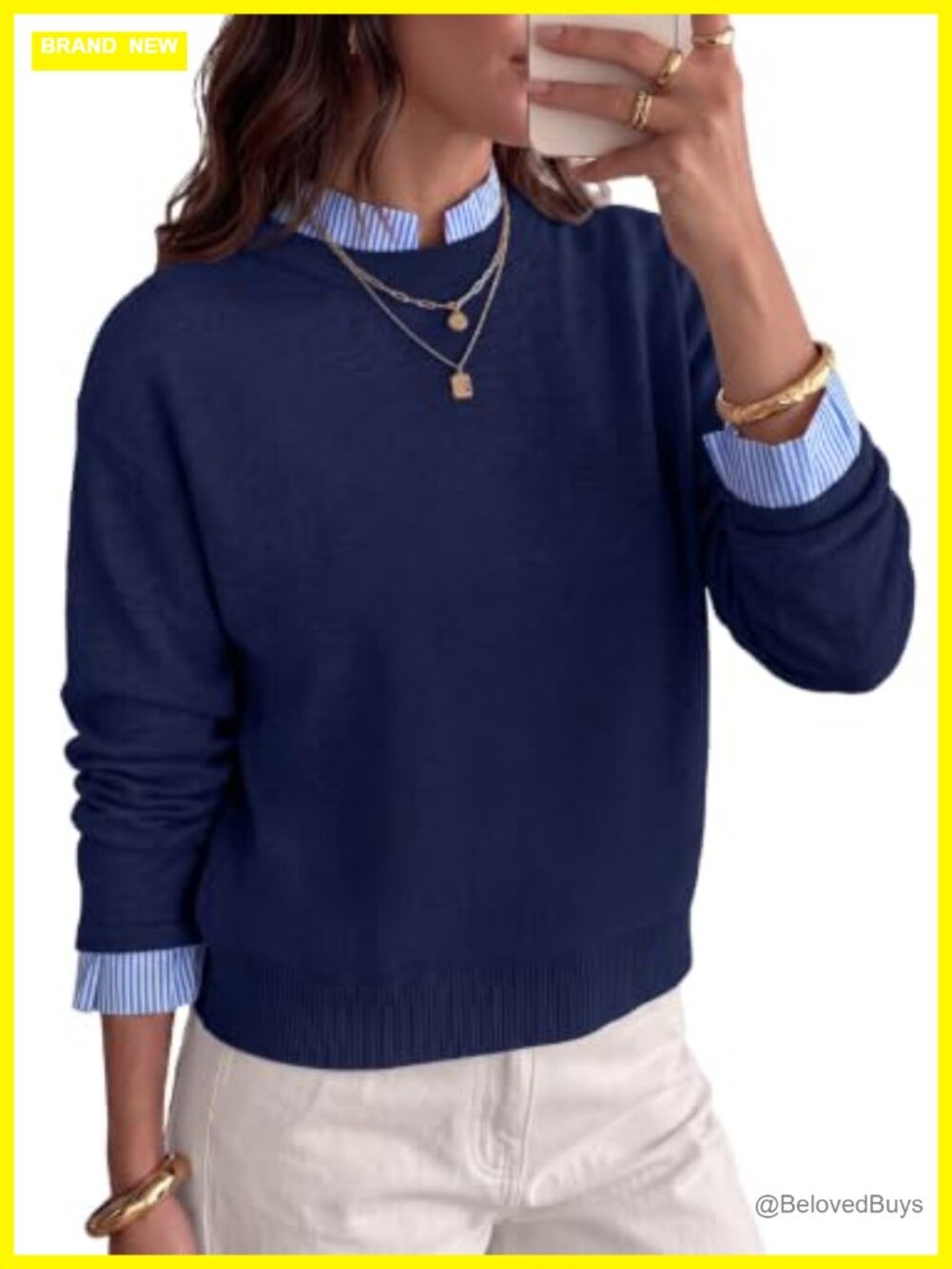 Women's Mock Neck 2-in-1 Pullover Sweater Cropped Loose Fit
